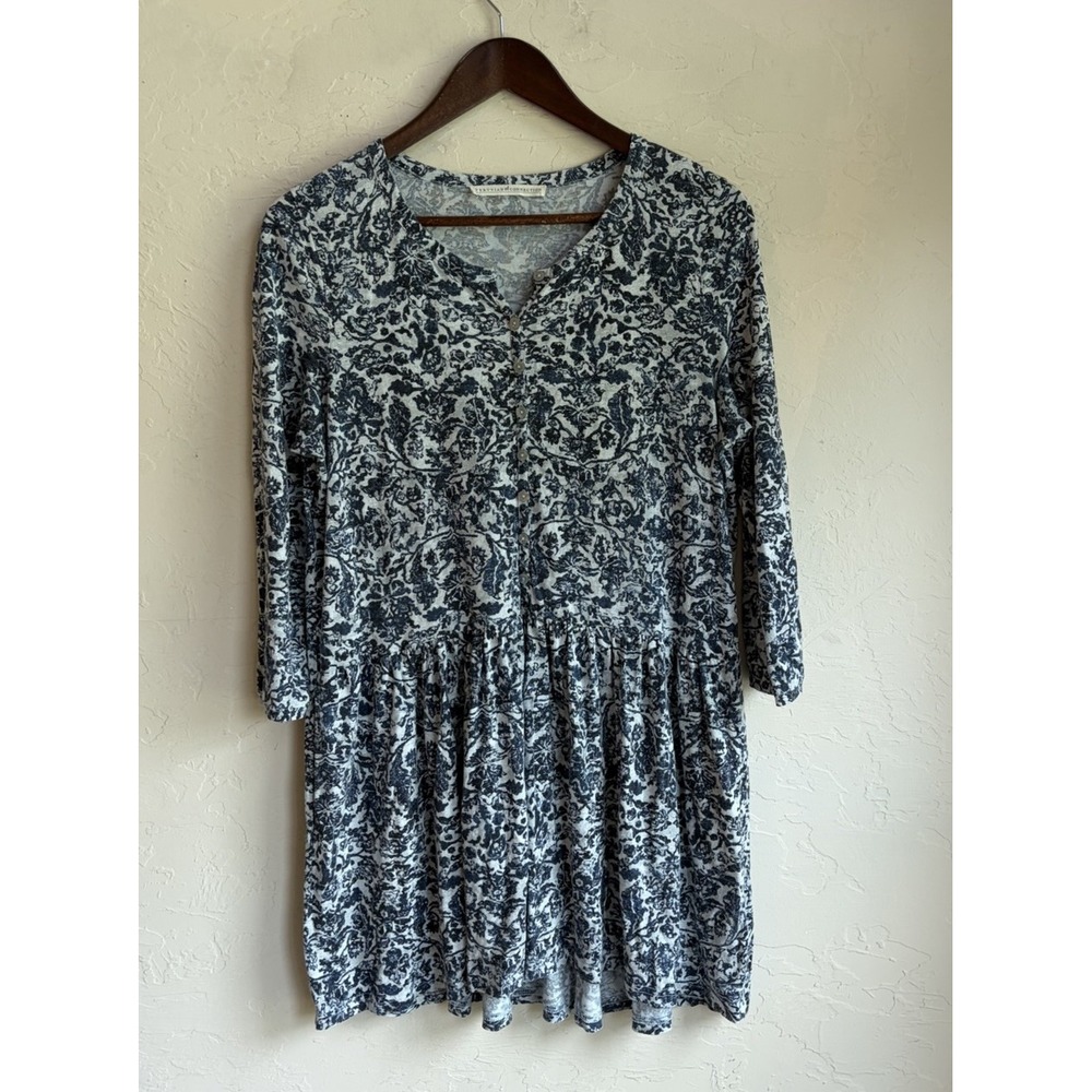 Peruvian Connection Blue Floral Drop Waist Tunic Top S Pima Cotton Boho Luxury